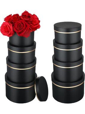 8 Pack Round Black Gift Boxes with Lids - Assorted Sizes for Weddings & Parties
